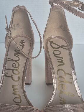 Sam Edelman Rose Gold Lizard-Texture Block Heel Ankle-Strap Sandals